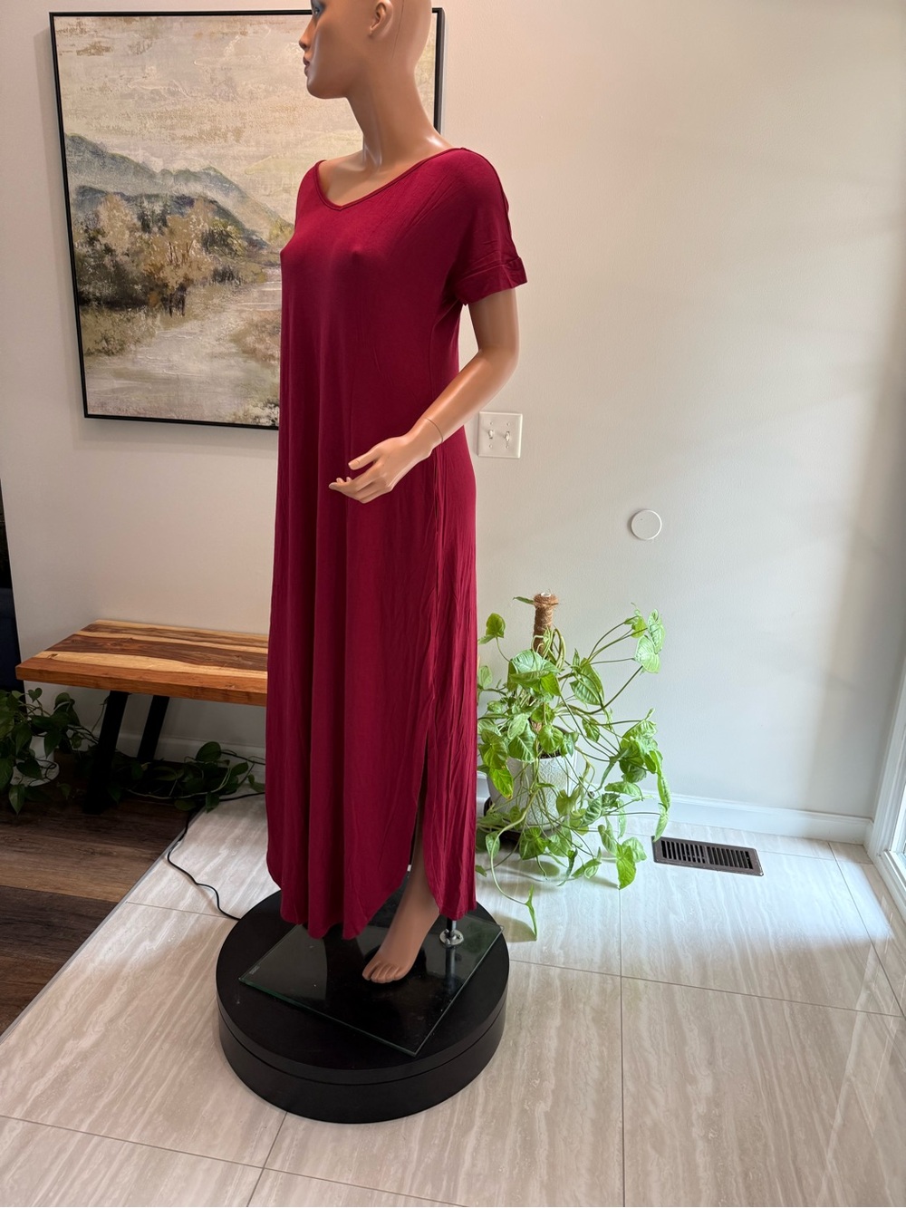 Large V-Neck Maxi Dress in Deep Berry maroon pockets stretch short cuff sleeves